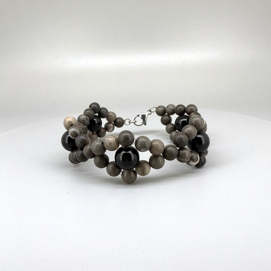 Jasper and onyx beaded bracelet, earthy brown and black natural gemstone beads with lobster claw clasp.