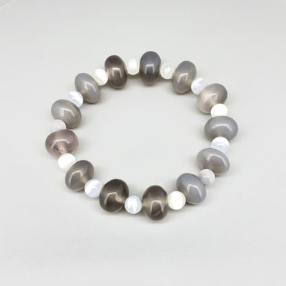 White cat’s eye and light grey agate beaded bracelet, 18cm, natural gemstone beads with soft shimmer on elastic stretch band.