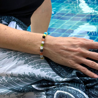 Multicolor cat’s eye beaded bracelet, 17cm, bright shimmering gemstone beads on elastic stretch band.
