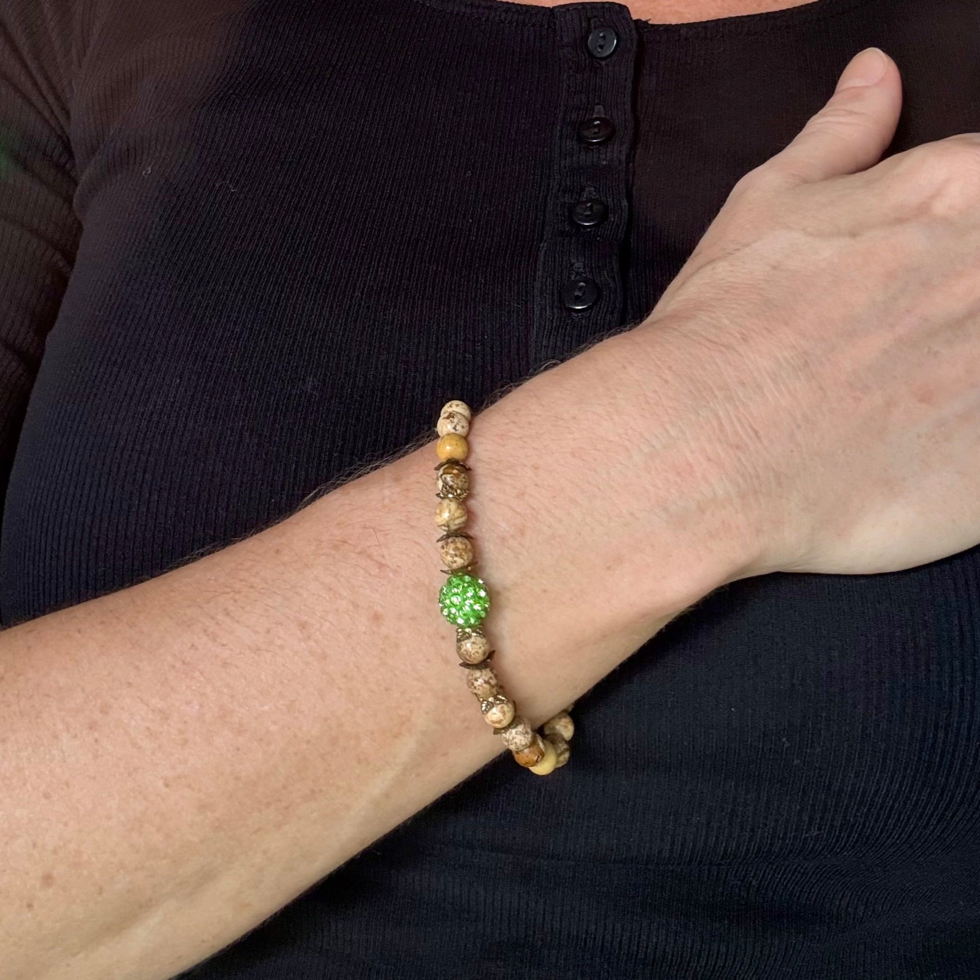 Jasper beaded bracelet, natural gemstone beads in light earthy tones on elastic stretch band.