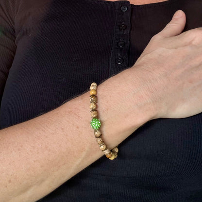 Jasper beaded bracelet, natural gemstone beads in light earthy tones on elastic stretch band.
