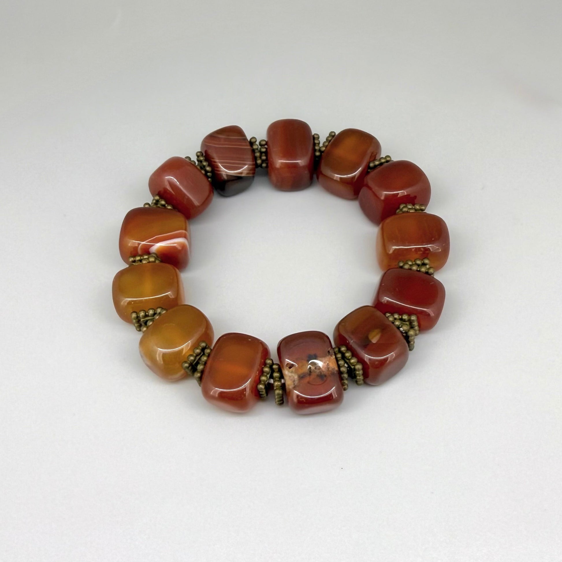 Agate beaded bracelet, 17cm, orange-red square gemstone beads with metal spacers on elastic stretch band.