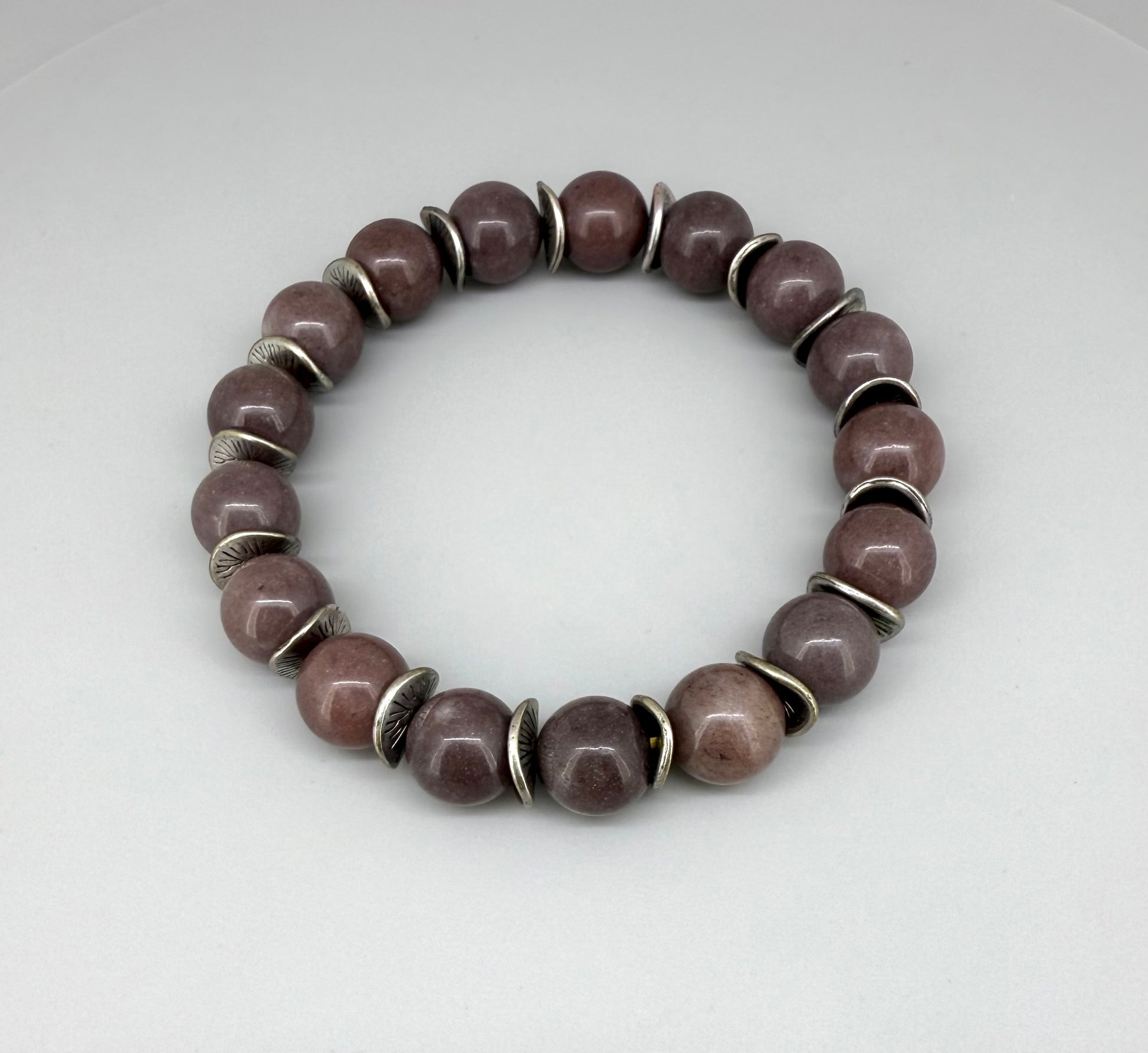 Aventurine beaded bracelet, 18cm, deep earth tones gemstone beads with curved metal disc spacers on elastic stretch band.