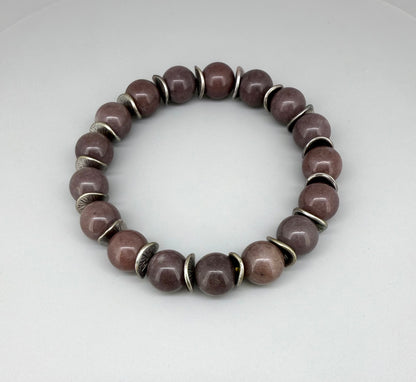 Aventurine beaded bracelet, 18cm, deep earth tones gemstone beads with curved metal disc spacers on elastic stretch band.