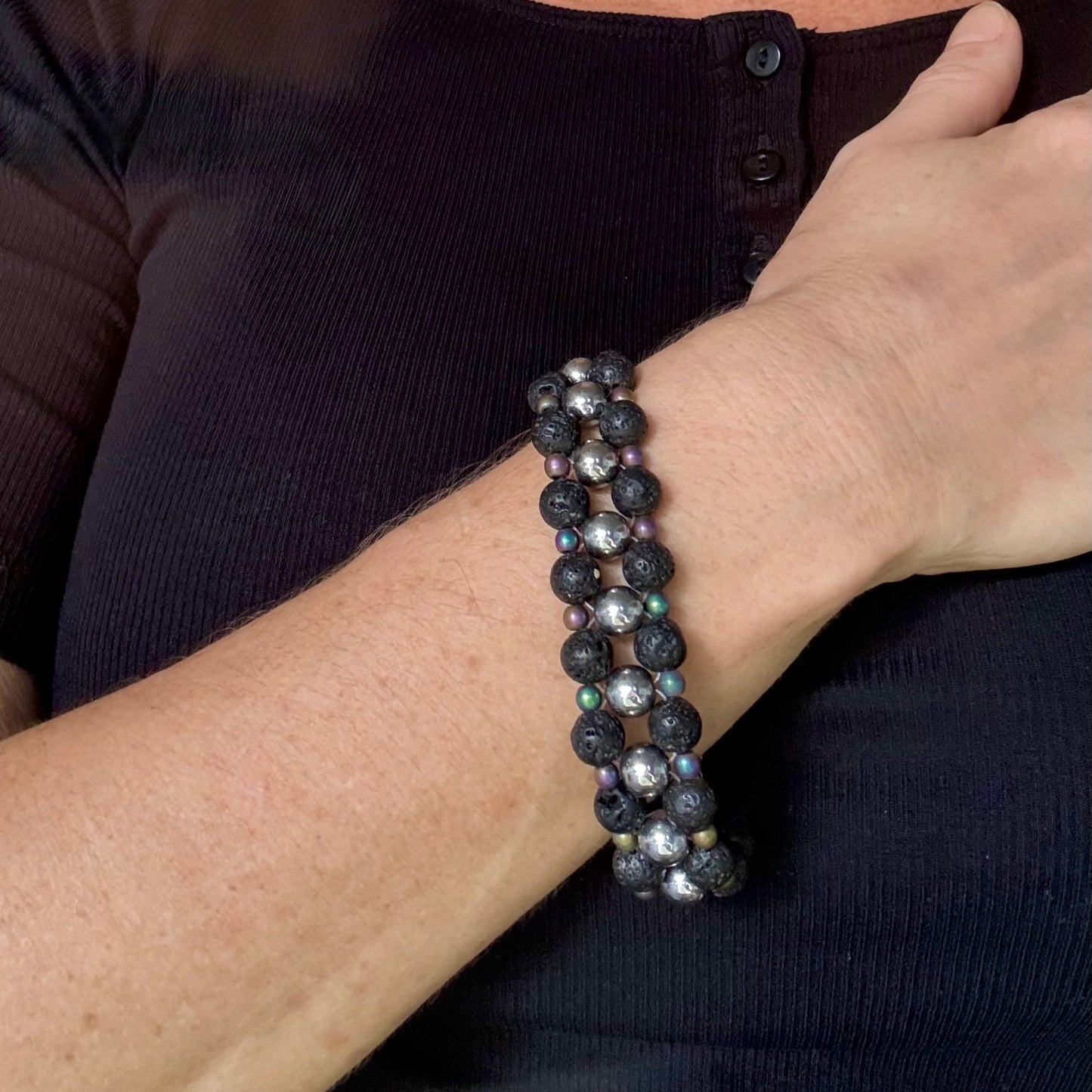 Lava and hematite beaded bracelet, natural matte black and metallic grey gemstone beads with spring ring clasp.