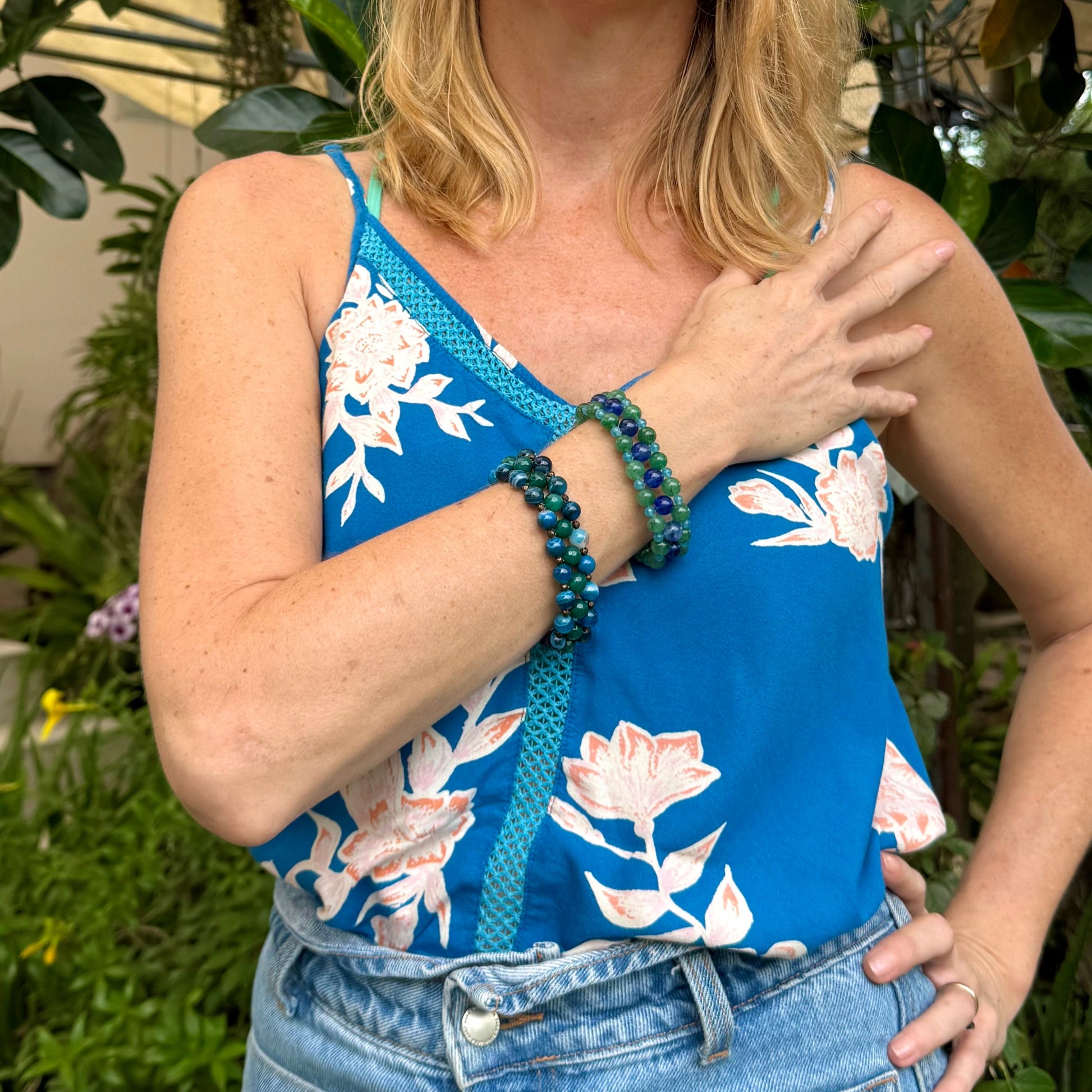 Natural aventurine and blue quartz beaded bracelet, natural green and light blue gemstone beads with lobster claw clasp.