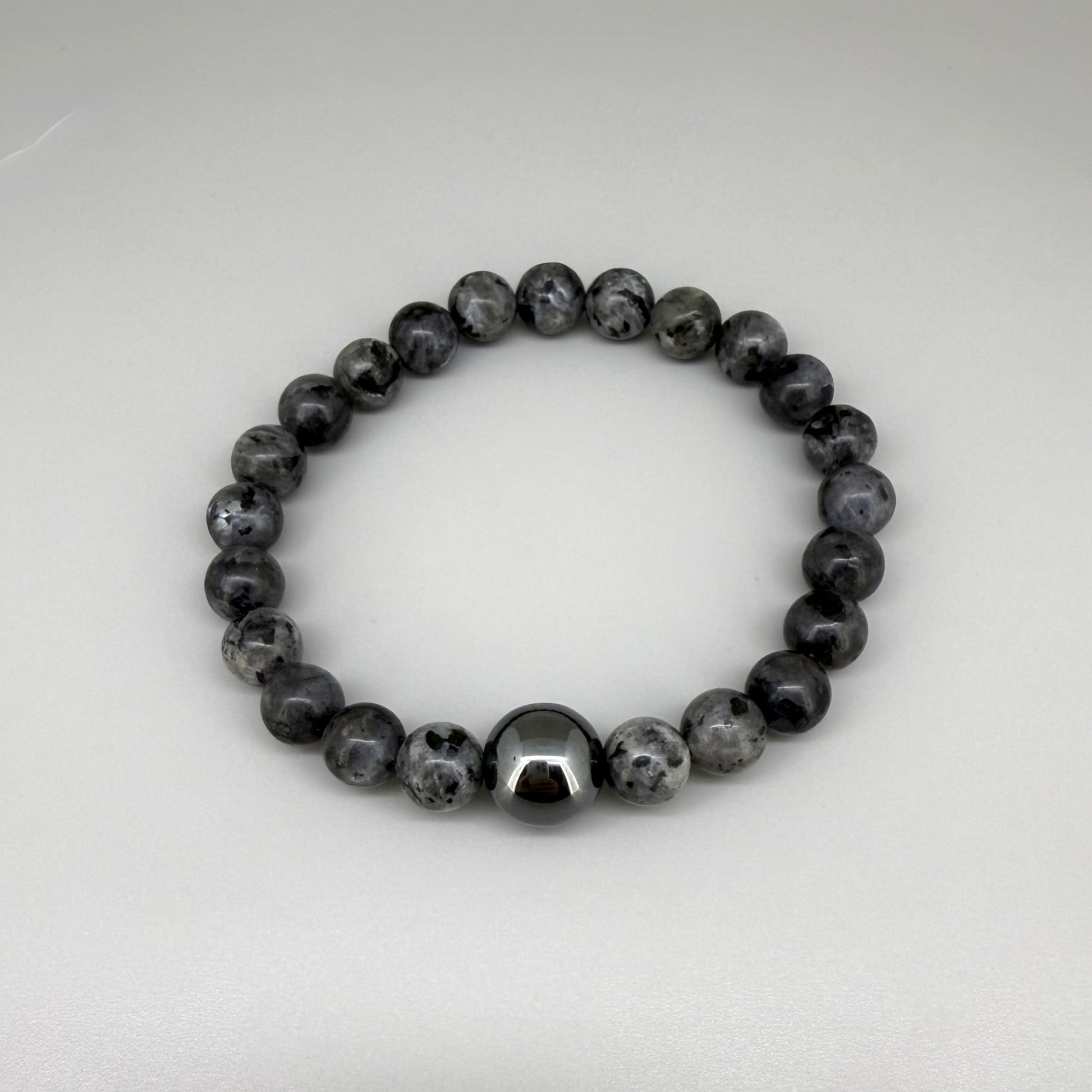 Labradorite beaded bracelet, 20cm, natural grey to black gemstone beads with subtle flashes on elastic stretch band.