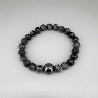 Labradorite beaded bracelet, 20cm, natural grey to black gemstone beads with subtle flashes on elastic stretch band.