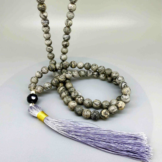 Landscape Jasper Mala necklace – natural gemstone beads, handmade meditation jewelry