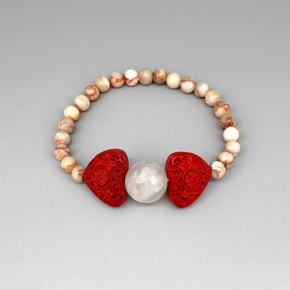 Jasper beaded bracelet, 16cm, natural earthy gemstone beads with red cinnabar-style heart and rose quartz accent on elastic stretch band.