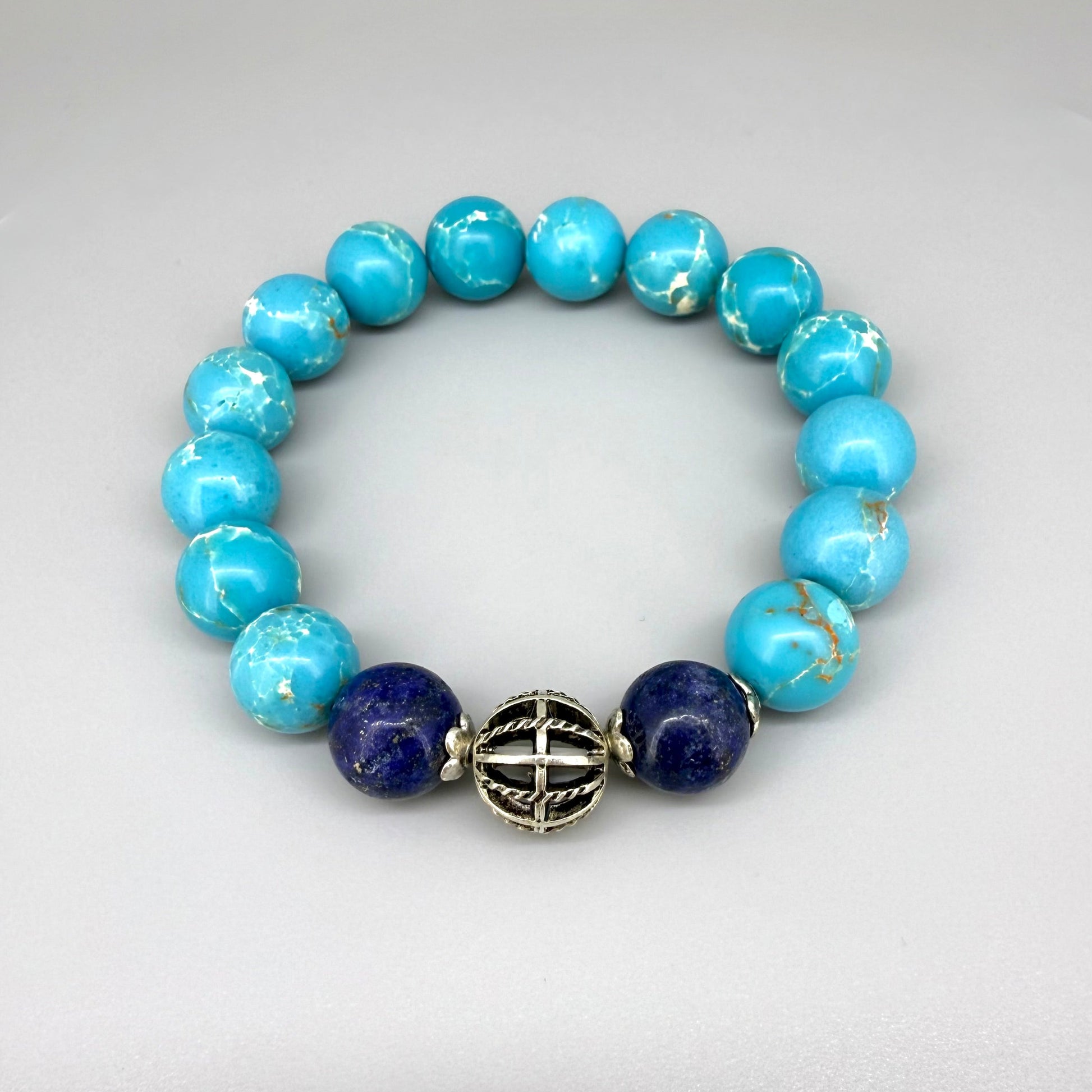 Variscite beaded bracelet, natural turquoise gemstone beads with subtle matrix patterns on elastic stretch band.