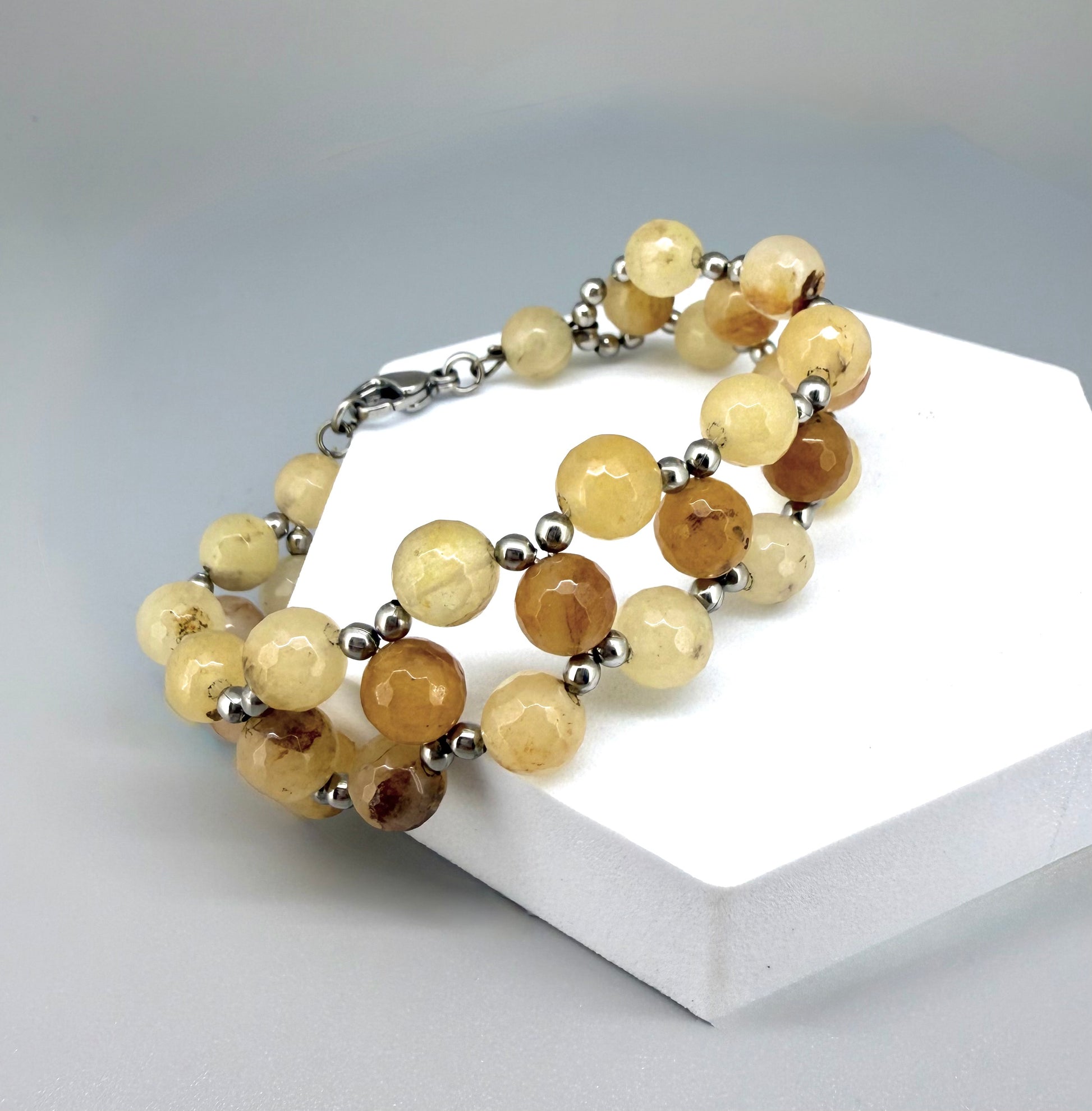 Natural Jade Beaded Bracelet with round polished gemstone beads, handmade gemstone jewelry