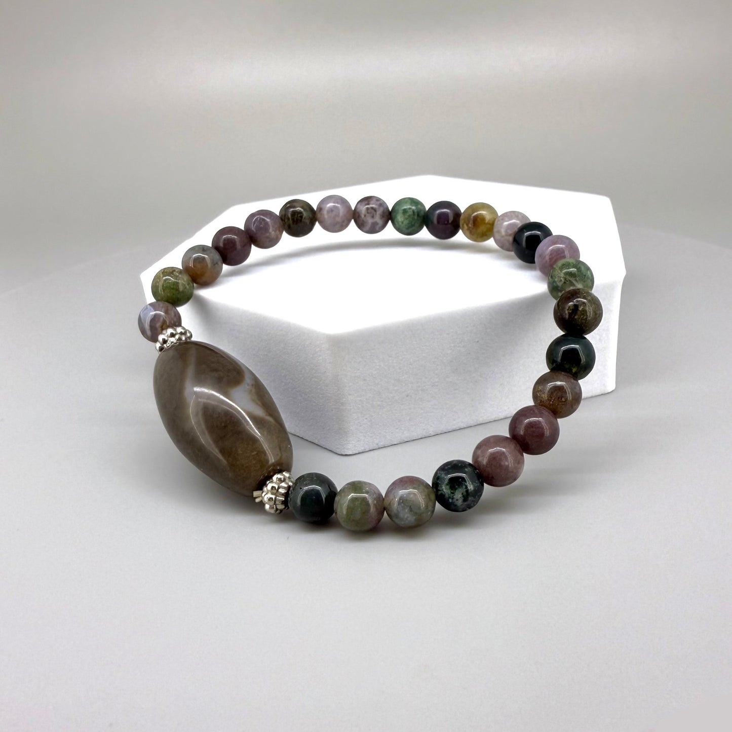 Agate beaded bracelet, 18cm, natural multicolor muted gemstone beads on elastic stretch band.
