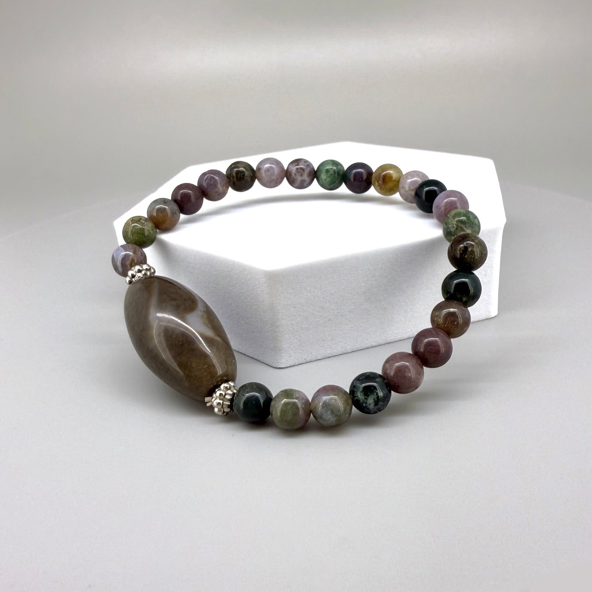 Agate beaded bracelet, 18cm, natural multicolor muted gemstone beads on elastic stretch band.