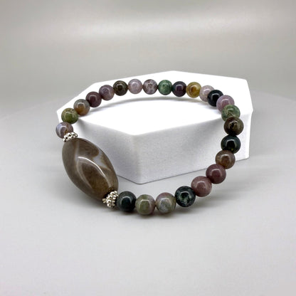 Agate beaded bracelet, 18cm, natural multicolor muted gemstone beads on elastic stretch band.