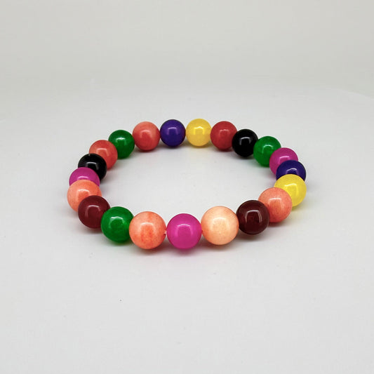 Multicolor agate beaded bracelet, natural vibrant gemstone beads on elastic stretch band.
