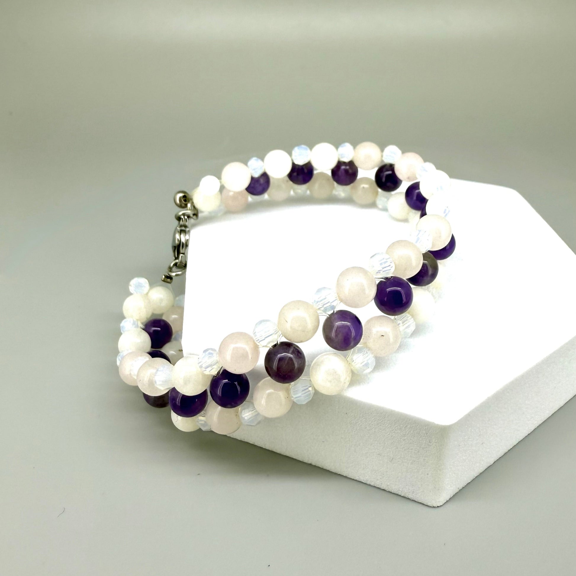 Natural Amethyst & Opal Beaded Bracelet with round polished gemstone beads, handmade gemstone jewelry