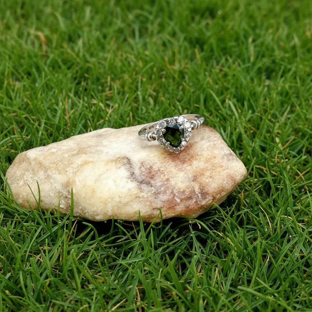 White gold plated silver solitaire ring with heart-shaped green sapphire and cubic zirconia centerpiece.