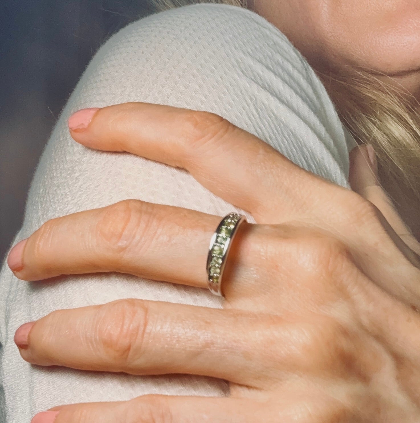 Ring green Sapphire silver white gold plated