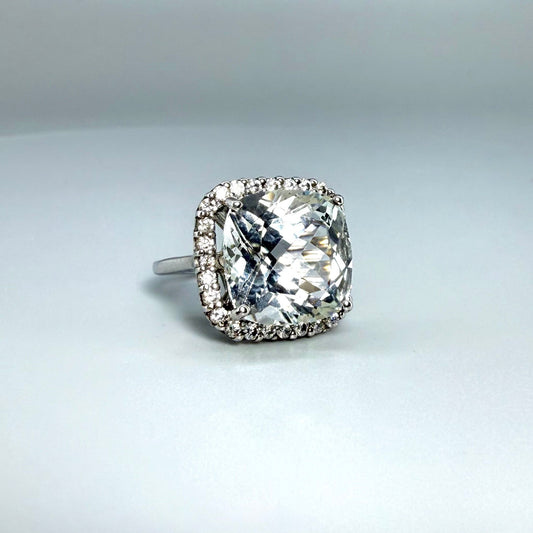 White gold plated silver ring with topaz
