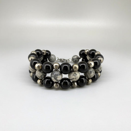 Natural Jasper & Onyx Beaded Bracelet with round polished gemstone beads, handmade gemstone jewelry