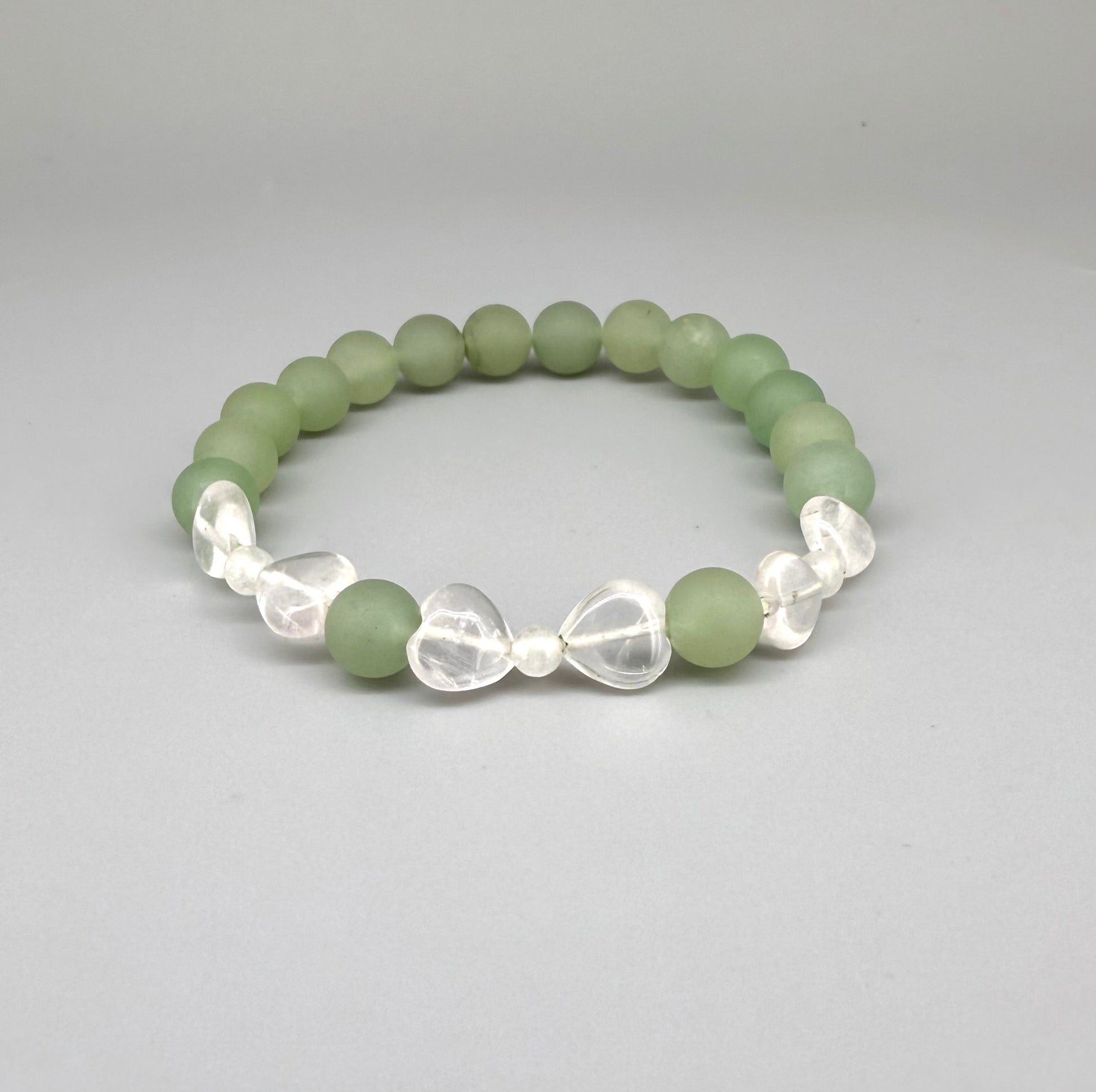Aventurine and rose quartz beaded bracelet, 18cm, green gemstone beads with larger pink rose quartz accents on elastic stretch band.