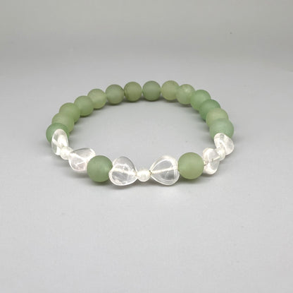 Aventurine and rose quartz beaded bracelet, 18cm, green gemstone beads with larger pink rose quartz accents on elastic stretch band.