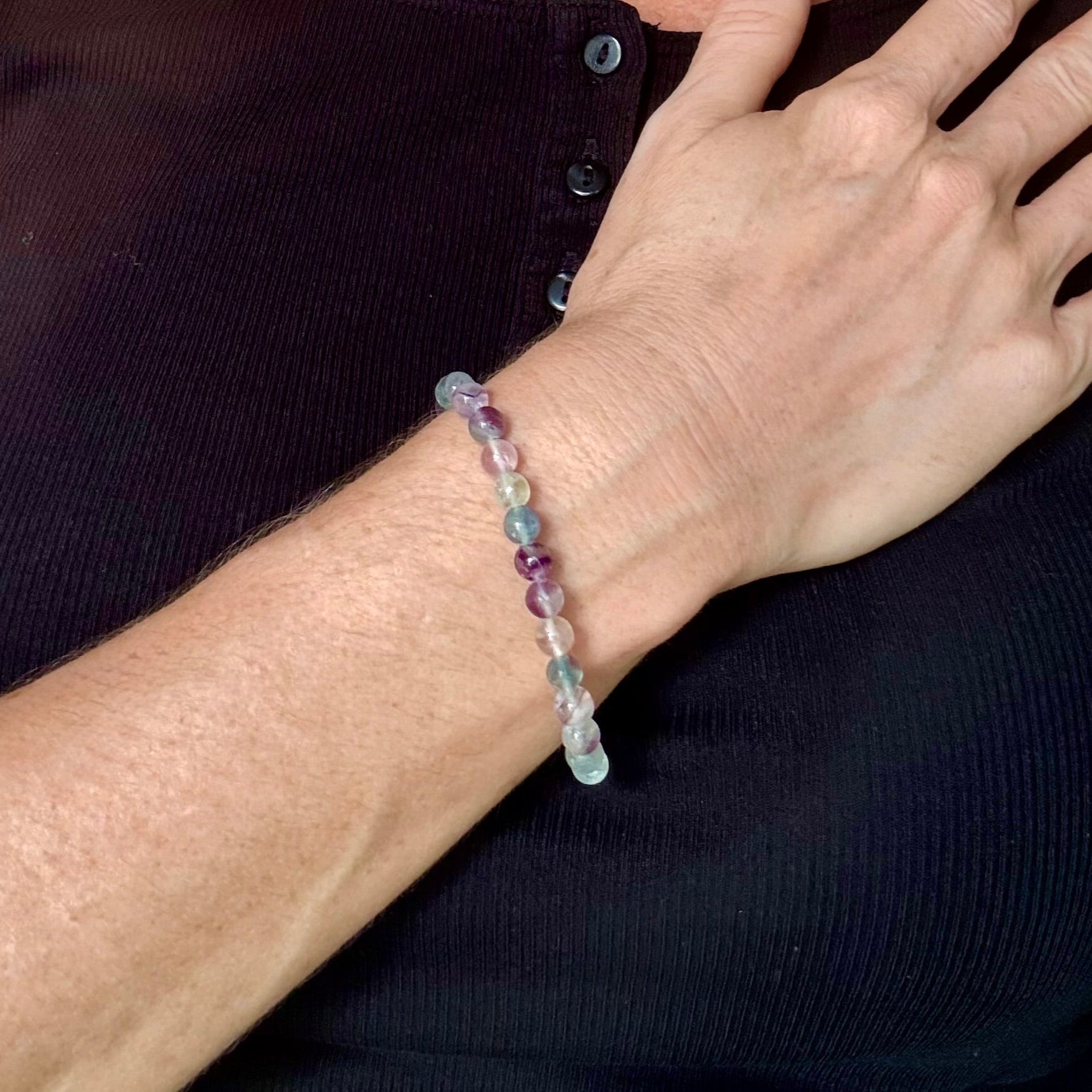 Fluorite beaded bracelet, 18cm, natural gemstone beads in mixed pastel tones on elastic stretch band.