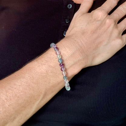 Fluorite beaded bracelet, 18cm, natural gemstone beads in mixed pastel tones on elastic stretch band.