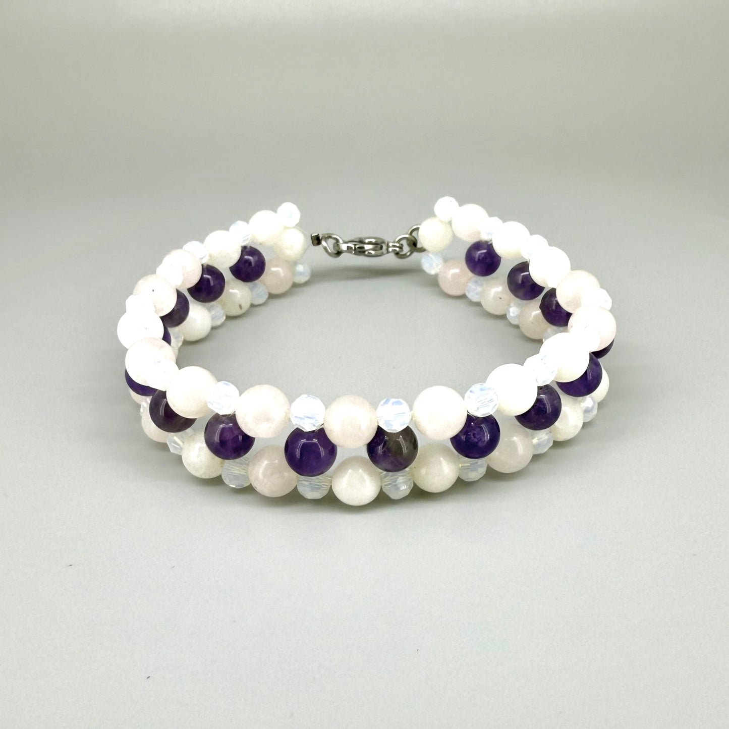 Natural Amethyst & Opal Beaded Bracelet with round polished gemstone beads, handmade gemstone jewelry