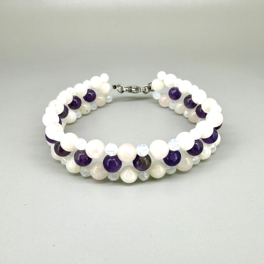Natural Amethyst & Opal Beaded Bracelet with round polished gemstone beads, handmade gemstone jewelry