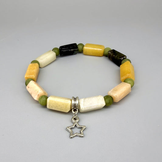Jade beaded bracelet, 19cm, dark green, cream, and yellow baguette-style stones with round green beads and star charm on elastic stretch band.