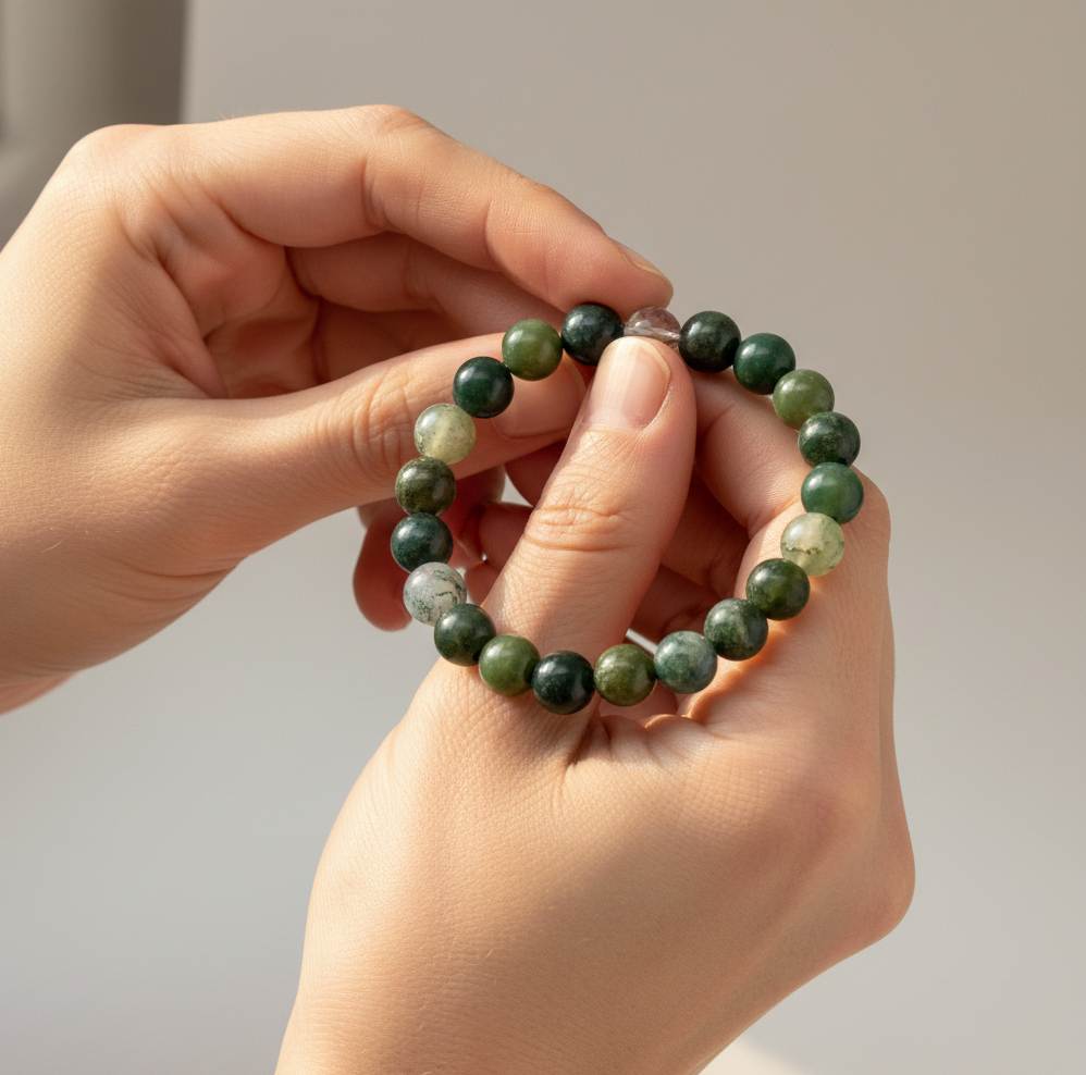 Moss agate mala bracelet made from natural moss agate beads, symbolizing grounding, growth, and connection to nature.