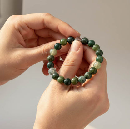 Moss agate mala bracelet made from natural moss agate beads, symbolizing grounding, growth, and connection to nature.