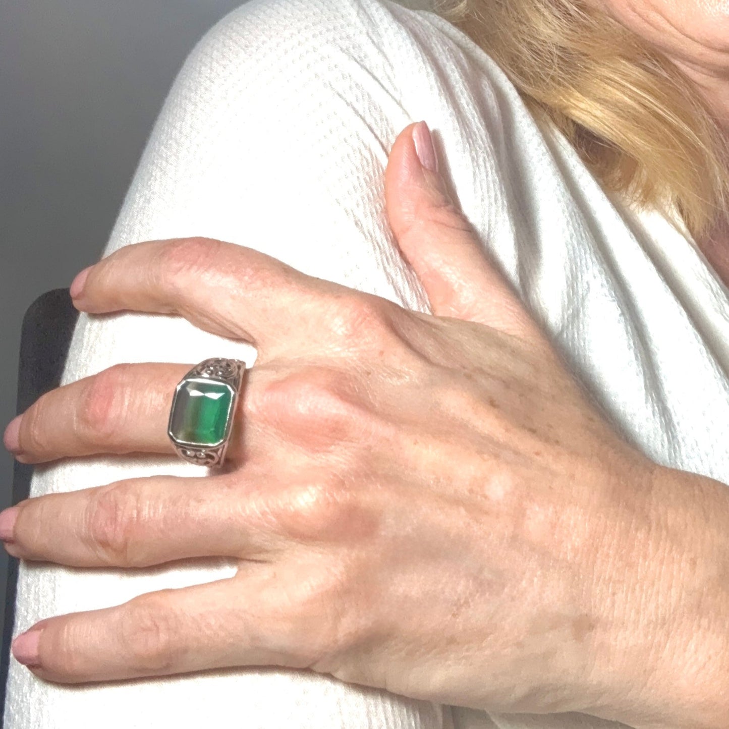 White gold plated silver ring with Chalcedony 
