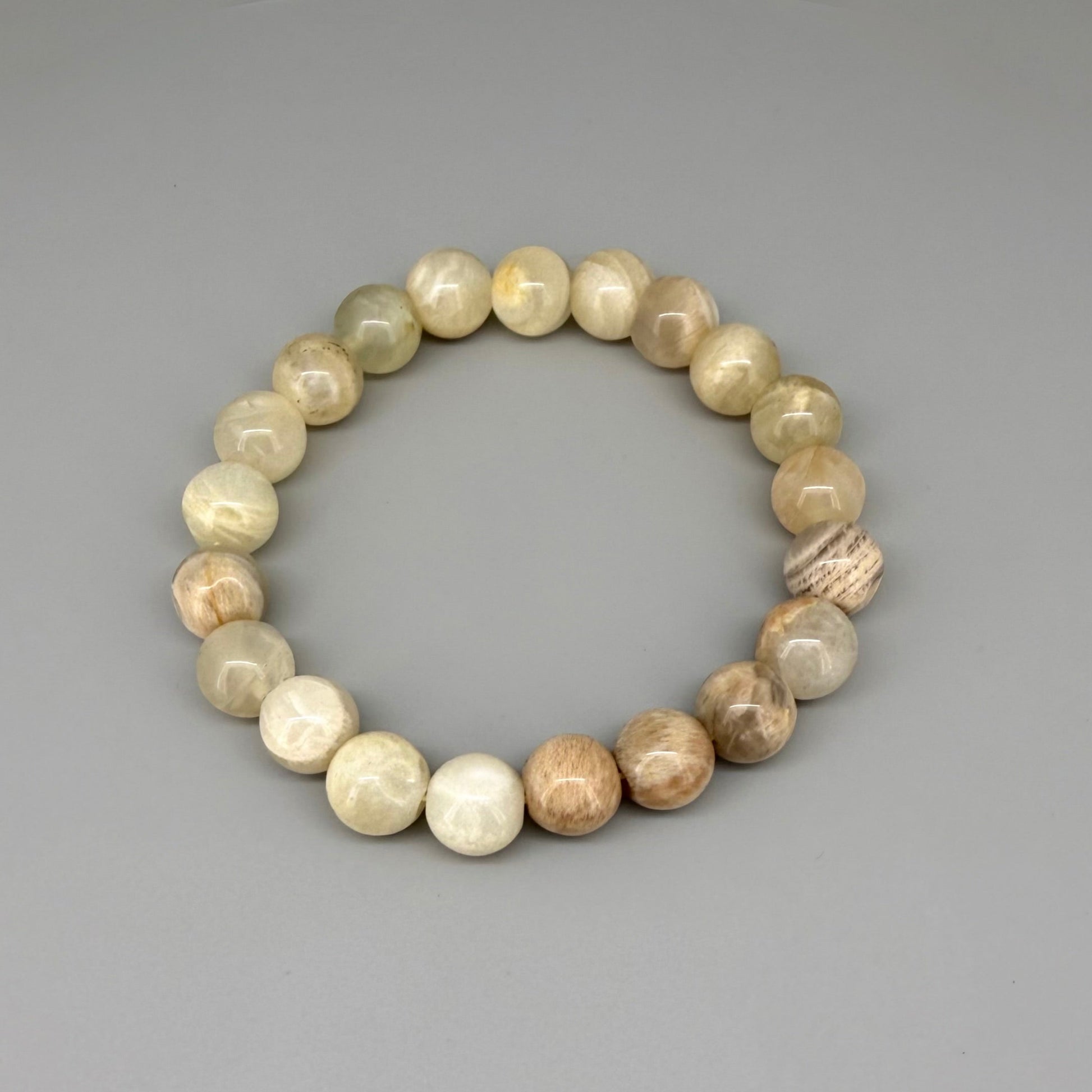 Moonstone beaded bracelet, 19cm, beige and earthy gemstone beads with subtle shimmer on elastic stretch band.
