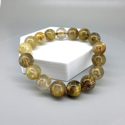 Rutilated quartz beaded bracelet, 18cm, natural gemstone beads with golden rutile threads on elastic stretch band