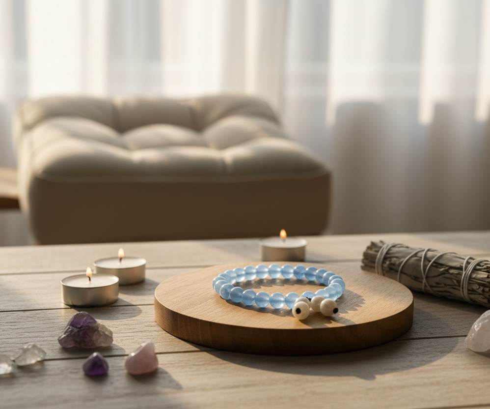 Blue jade mala bracelet made from natural blue jade beads, designed for harmony, emotional balance, and everyday wear.