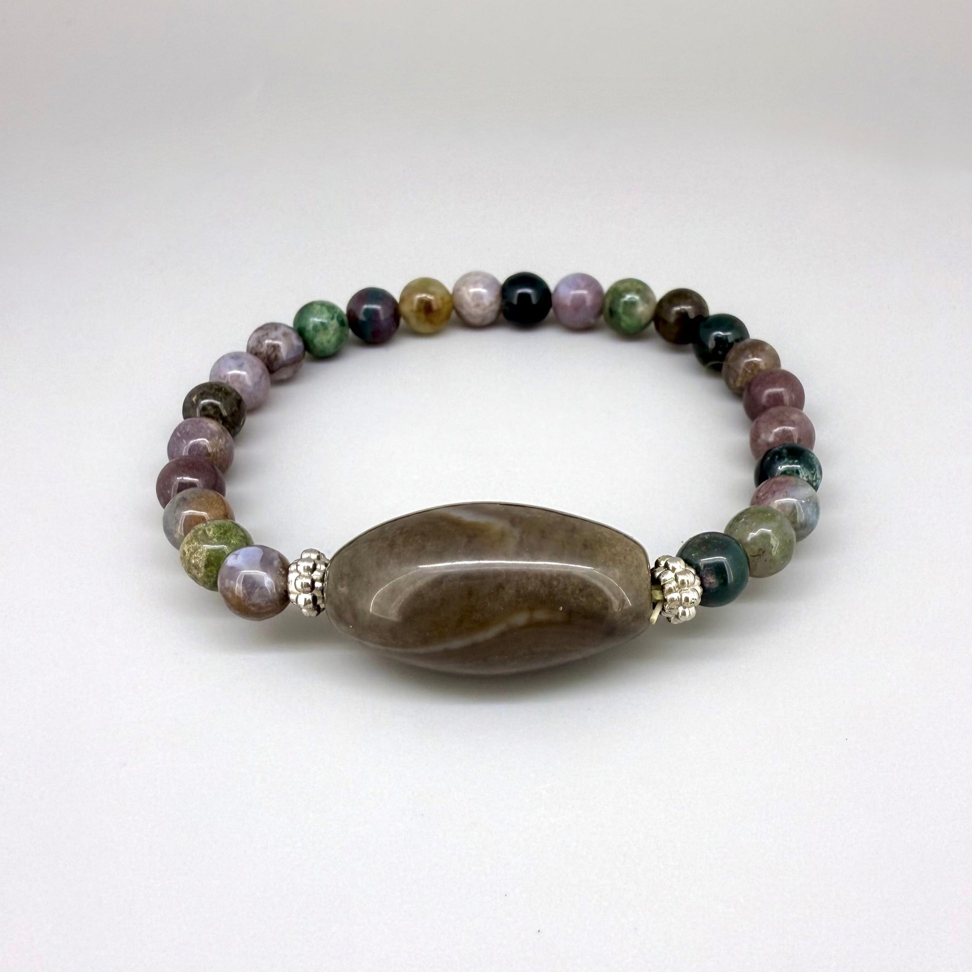 Agate beaded bracelet, 18cm, natural multicolor muted gemstone beads on elastic stretch band.