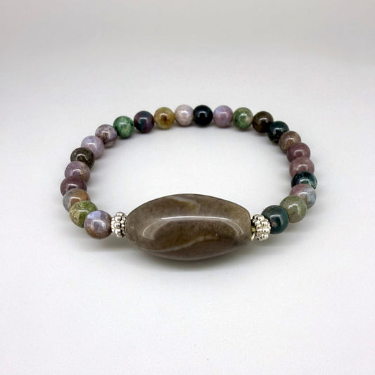 Agate beaded bracelet, 18cm, natural multicolor muted gemstone beads on elastic stretch band.