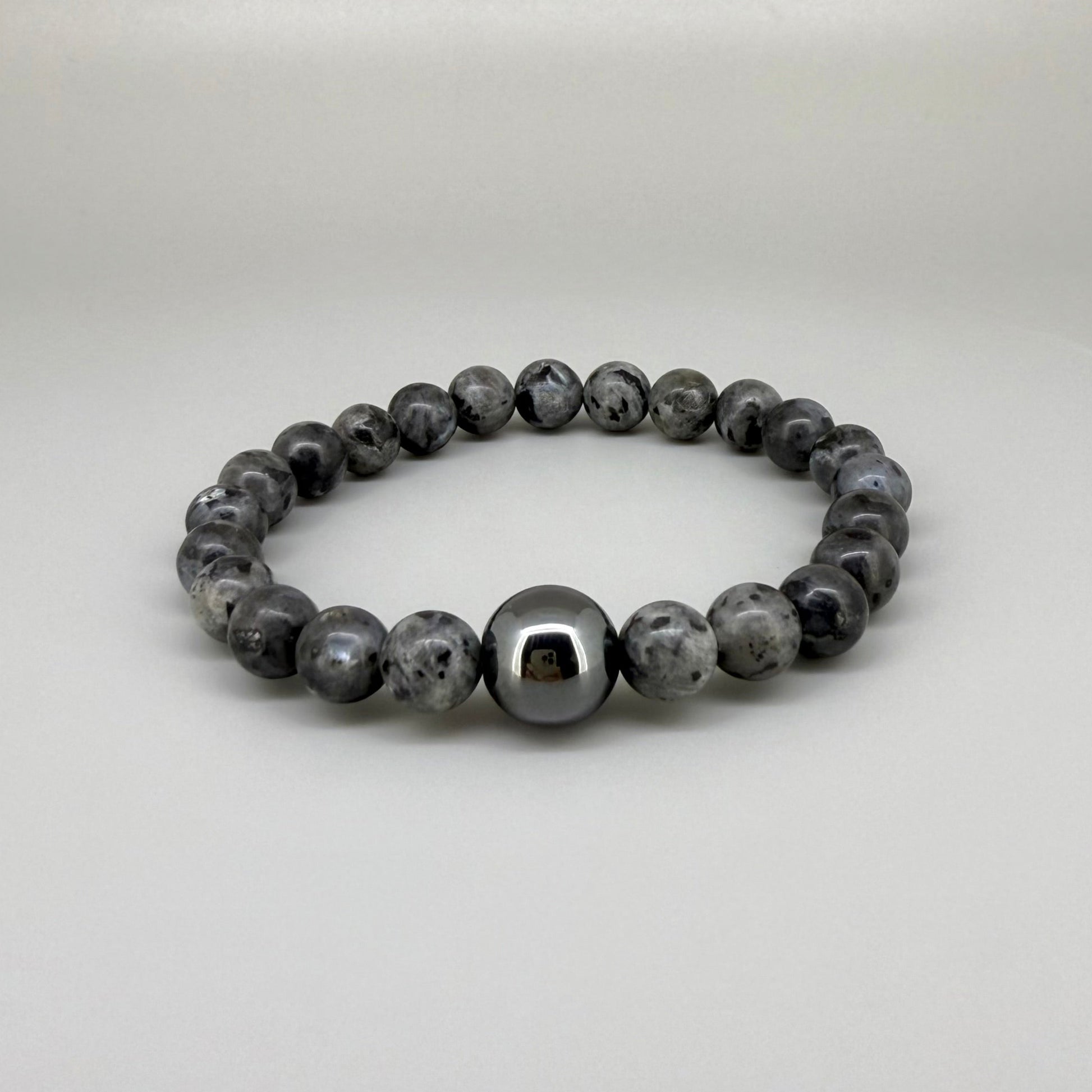 Labradorite beaded bracelet, 20cm, natural grey to black gemstone beads with subtle flashes on elastic stretch band.