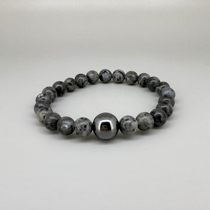 Labradorite beaded bracelet, 20cm, natural grey to black gemstone beads with subtle flashes on elastic stretch band.
