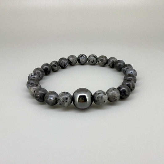 Labradorite beaded bracelet, 20cm, natural grey to black gemstone beads with subtle flashes on elastic stretch band.