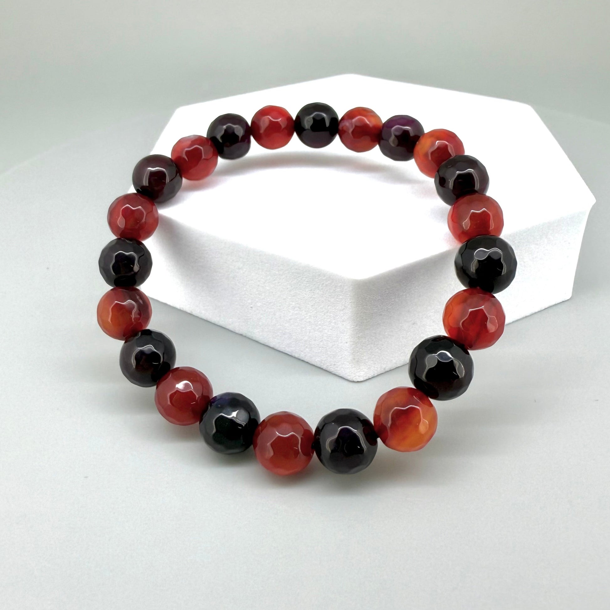 Agate beaded bracelet, natural red and black gemstone beads on elastic stretch band.