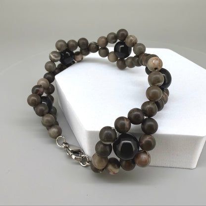 Jasper and onyx beaded bracelet, earthy brown and black natural gemstone beads with lobster claw clasp.