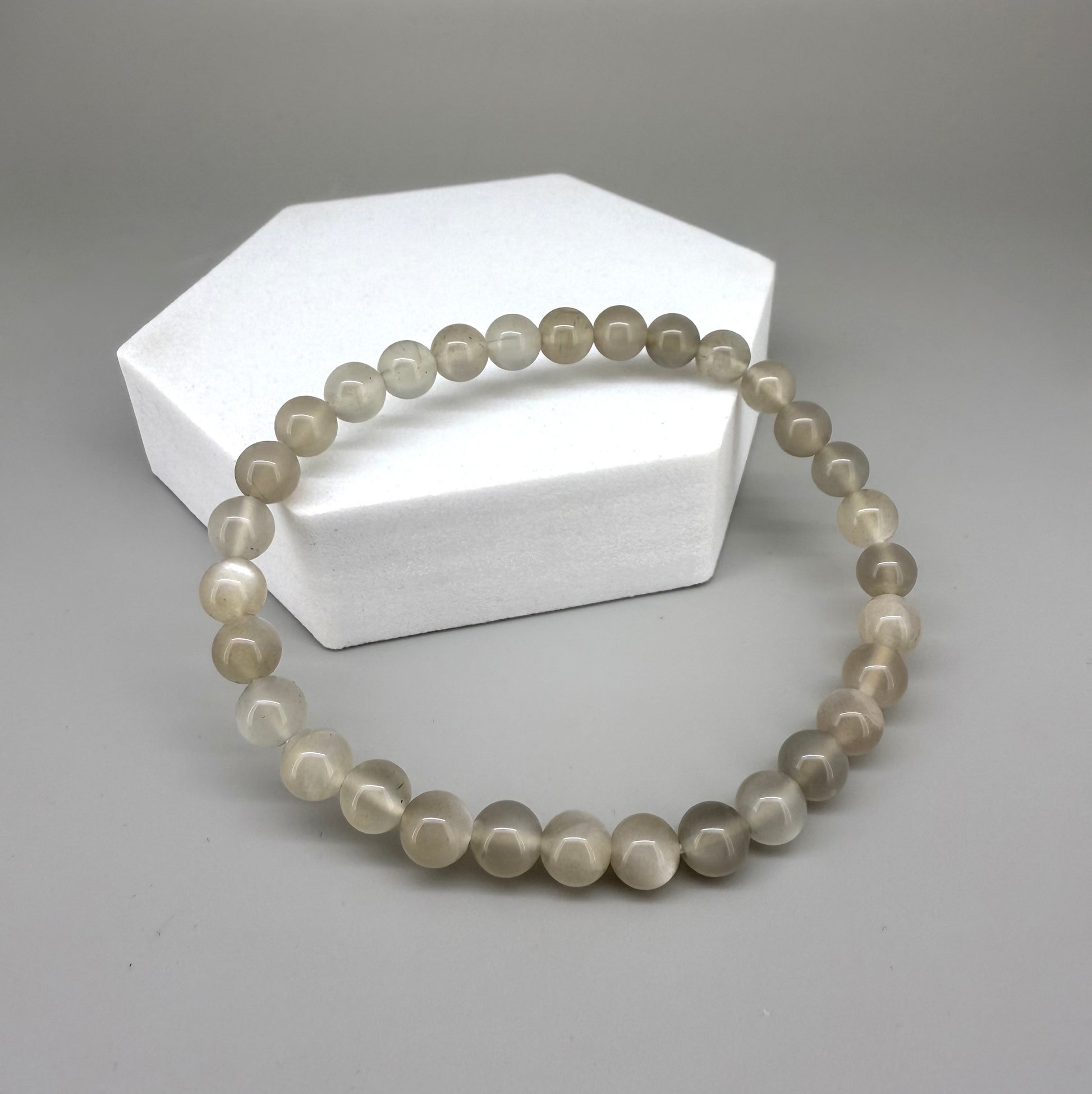 Moonstone beaded bracelet, 20cm, natural beige and earthy gemstone beads with subtle shimmer on elastic stretch band.