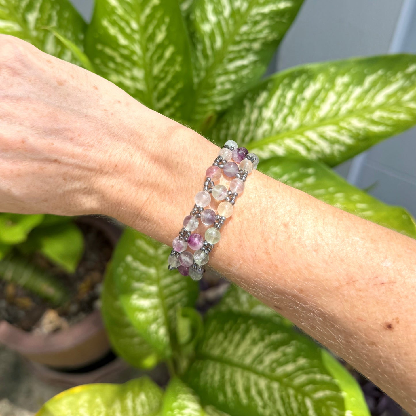 Fluorite beaded bracelet, multi pastel hues, natural gemstone beads with toggle clasp.