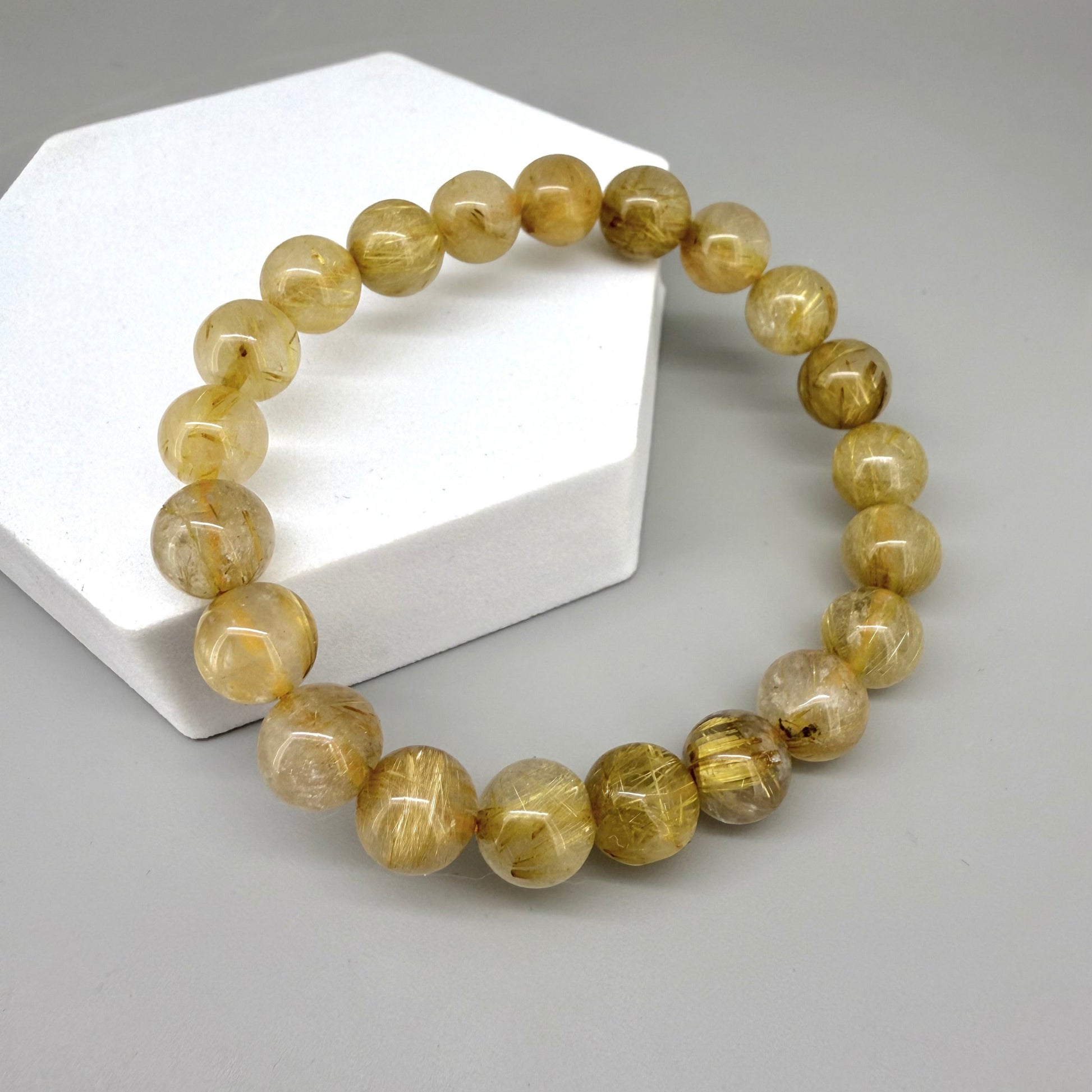 Rutilated quartz beaded bracelet, natural gemstone beads with golden rutile threads on elastic stretch band