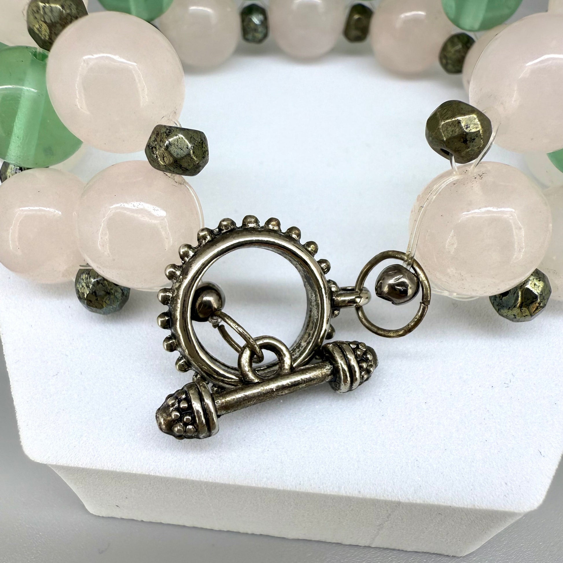 Natural Rose Quartz & Clear Quartz Beaded Bracelet with round polished gemstone beads, handmade gemstone jewelry