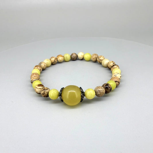 Jasper and jade beaded bracelet, natural beige-brown and yellow gemstone beads on elastic stretch band.